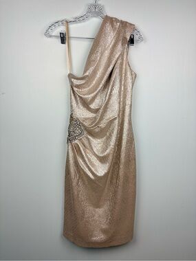 Eliza J One-Shoulder Metallic Rose Gold Cocktail Dress with Embellished Waist 6